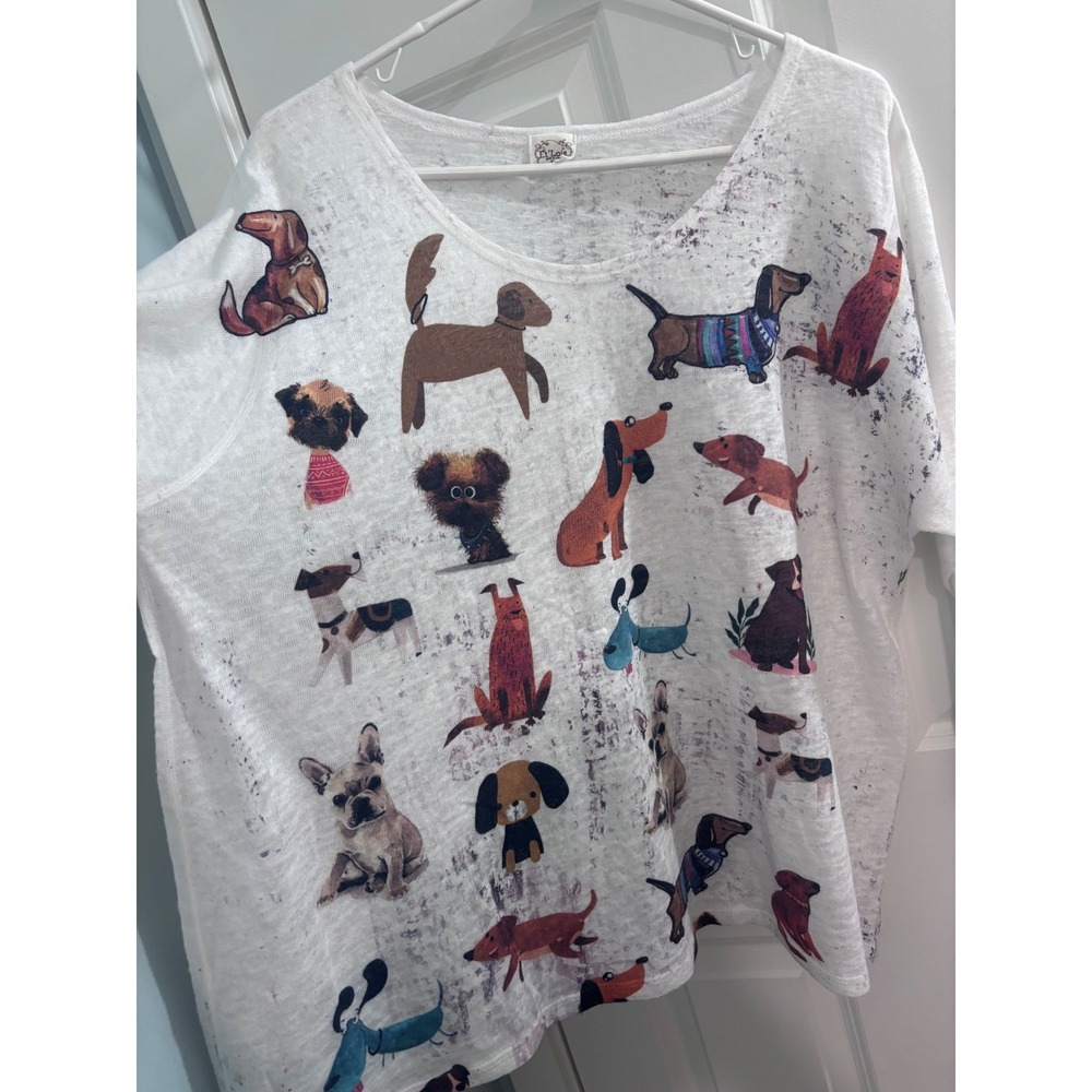Et'Lois Womens 2X Dog Print Burnout Knit Top 3/4 Sleeve White Whimsical Tunic - Picture 2 of 5